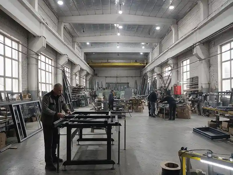 The Belbud-Plast team assembling aluminium frames in our Kyiv workshop