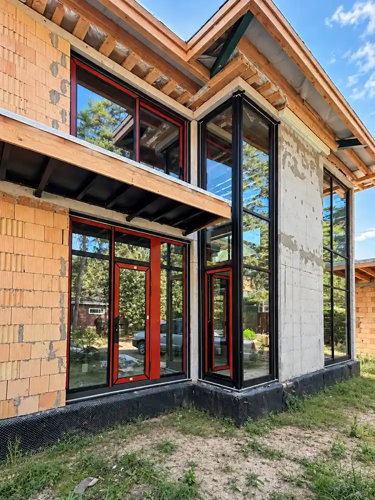 Two-storey house facade glazing with aluminium windows and doors